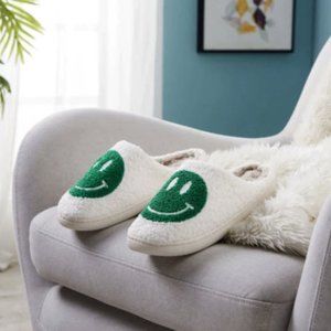 Green and White Smiley Face Slippers